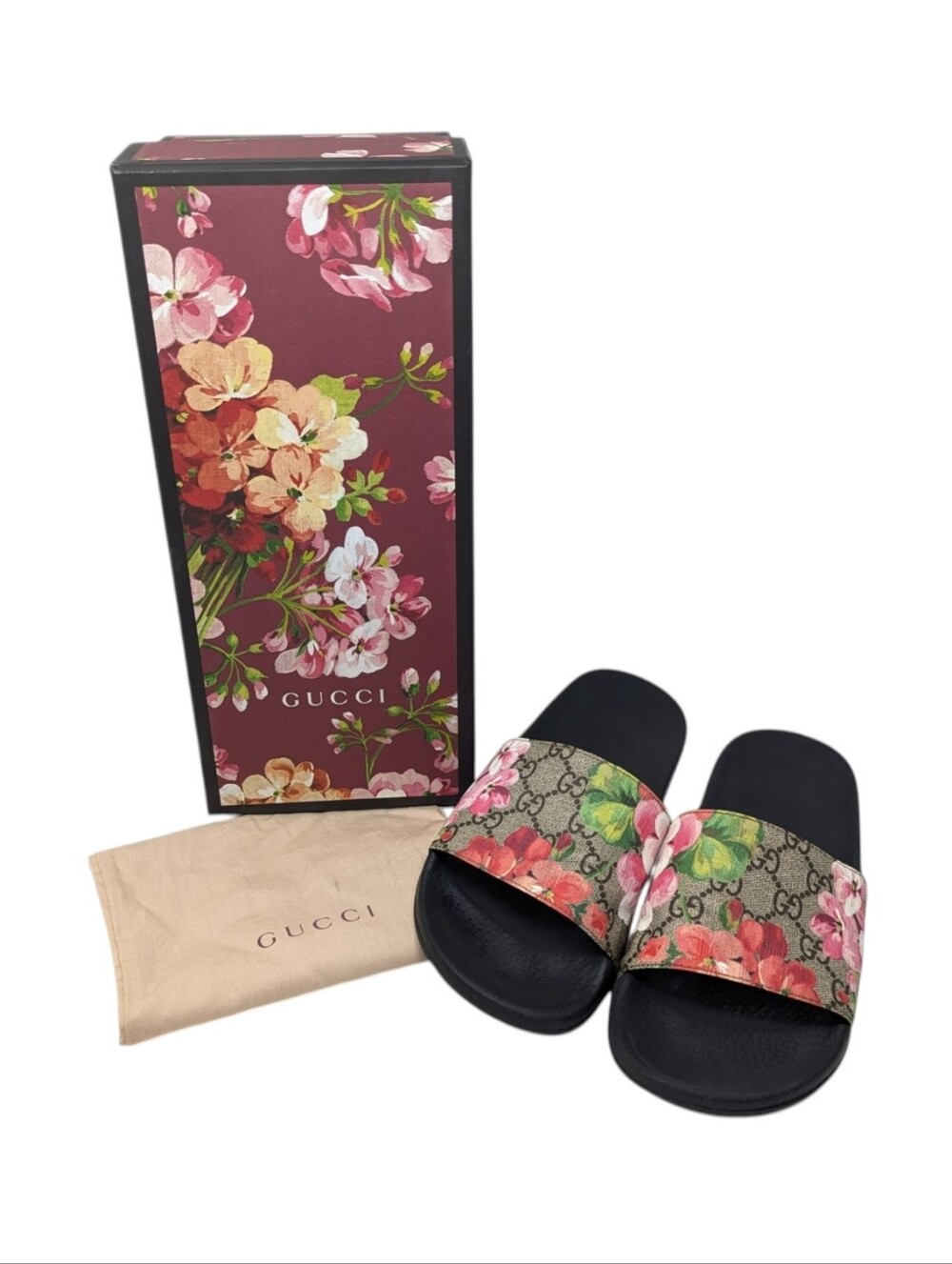 Gucci GG Web Supreme Bloom Floral Slide Sandals Size EU 37